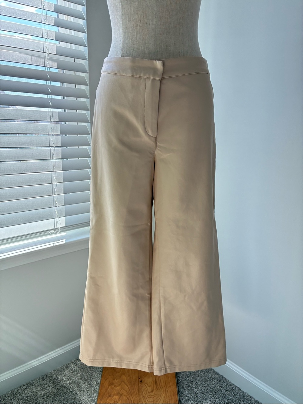 Bagatelle Women's Beige Faux Leather High Waisted Wide Leg Cropped Pants
